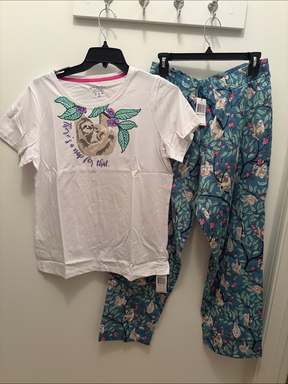 NWT Vera Bradley Two piece Pajama Set in Hanging Around Sloth Pattern